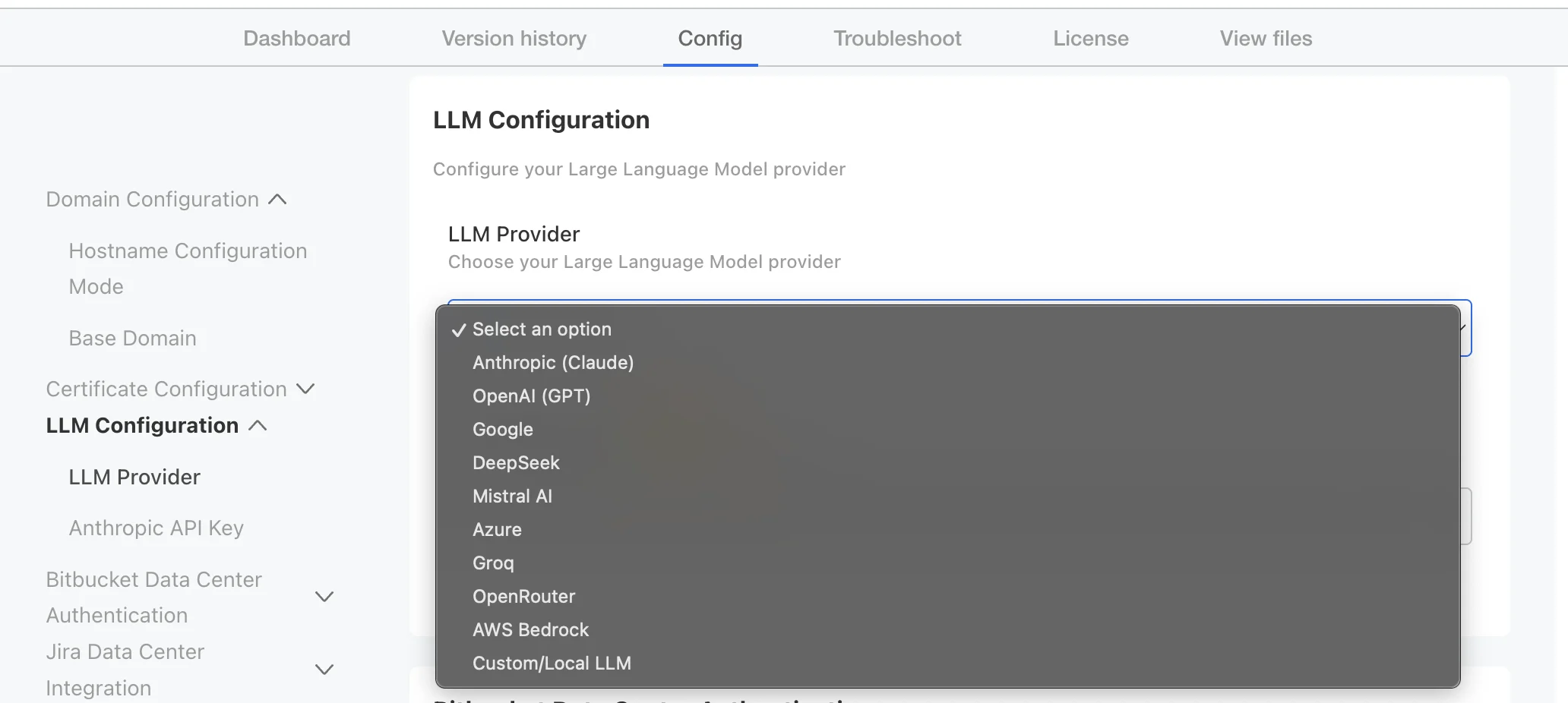 LLM Configuration provider dropdown