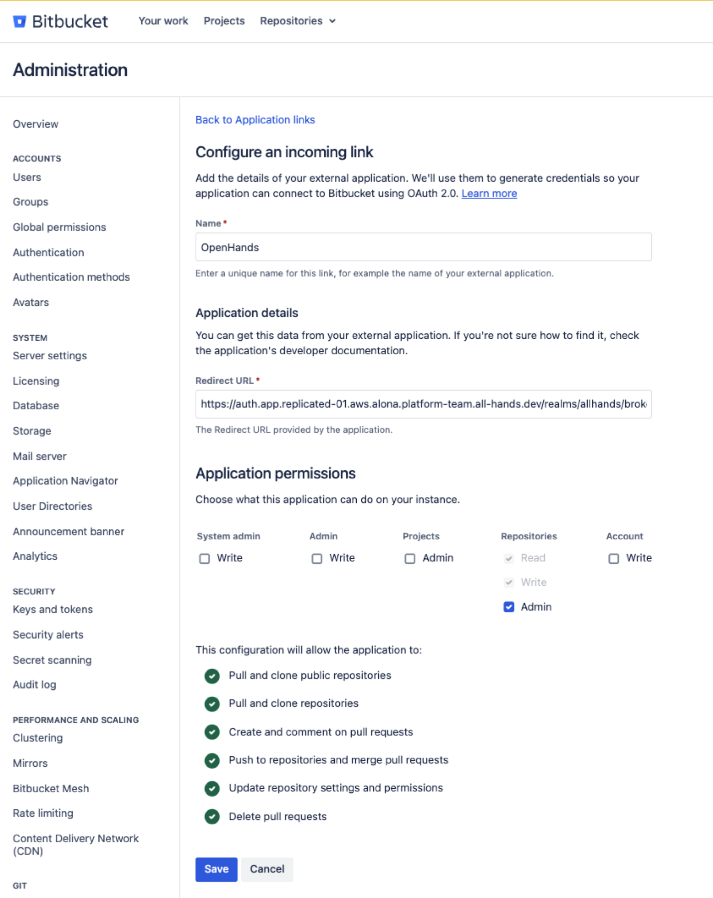 Bitbucket Data Center incoming OAuth link form