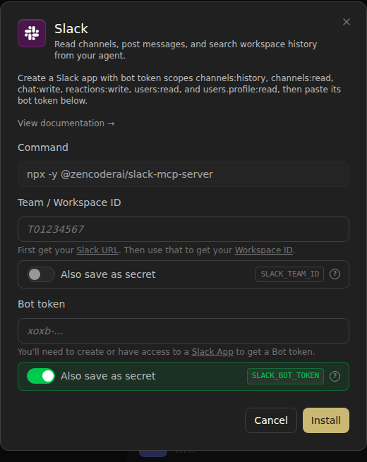 Agent Canvas Slack MCP server setup dialog