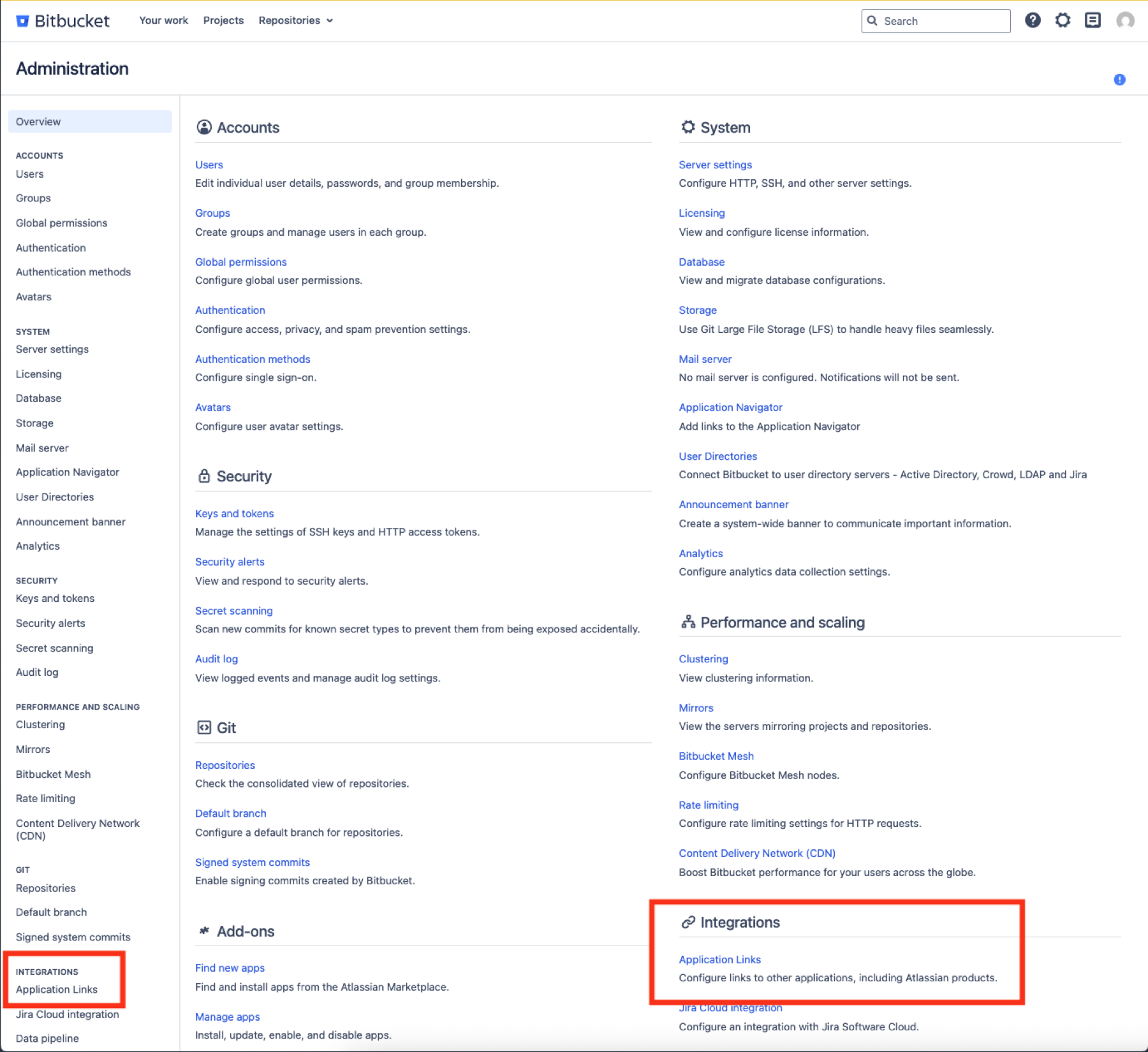 Bitbucket Data Center Application Links settings