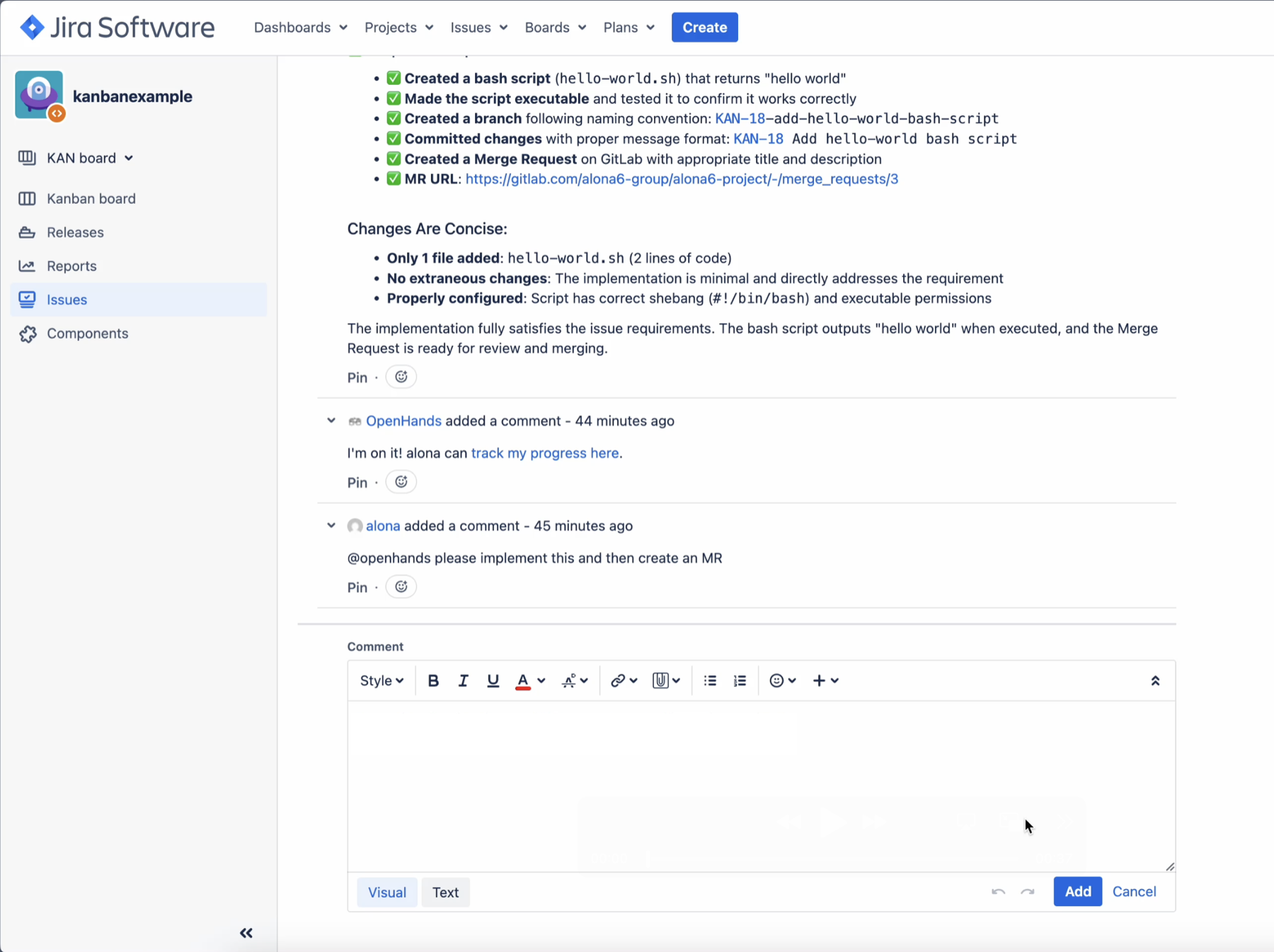Jira Data Center issue with OpenHands comments