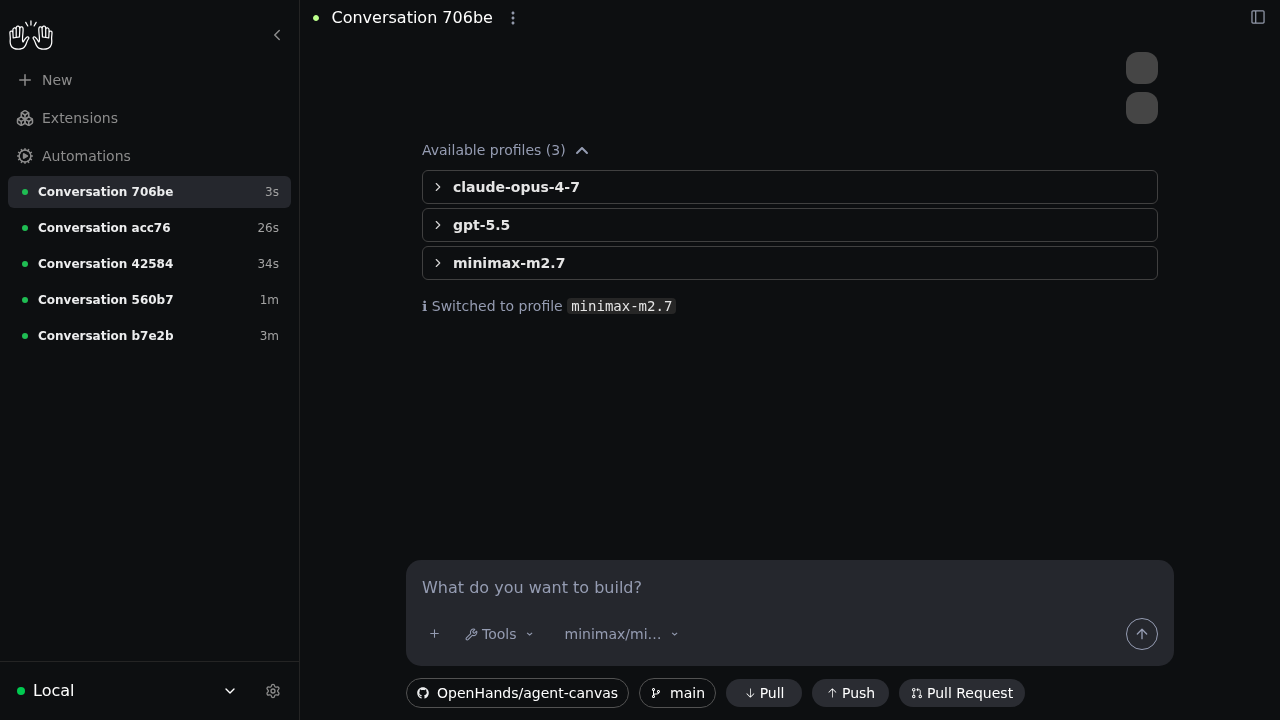 Agent Canvas showing example /model command output that lists saved profiles and switches to another profile
