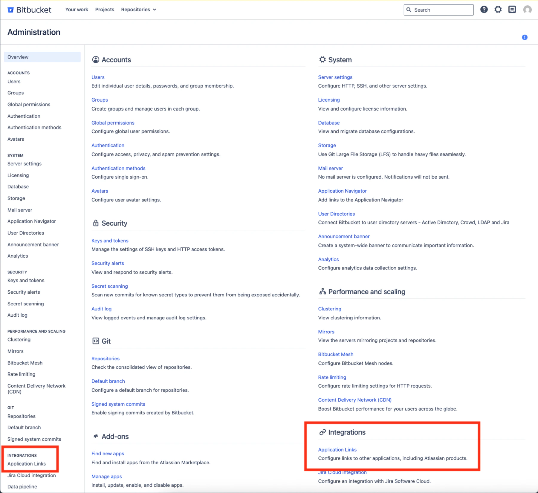 Bitbucket Data Center Application Links settings