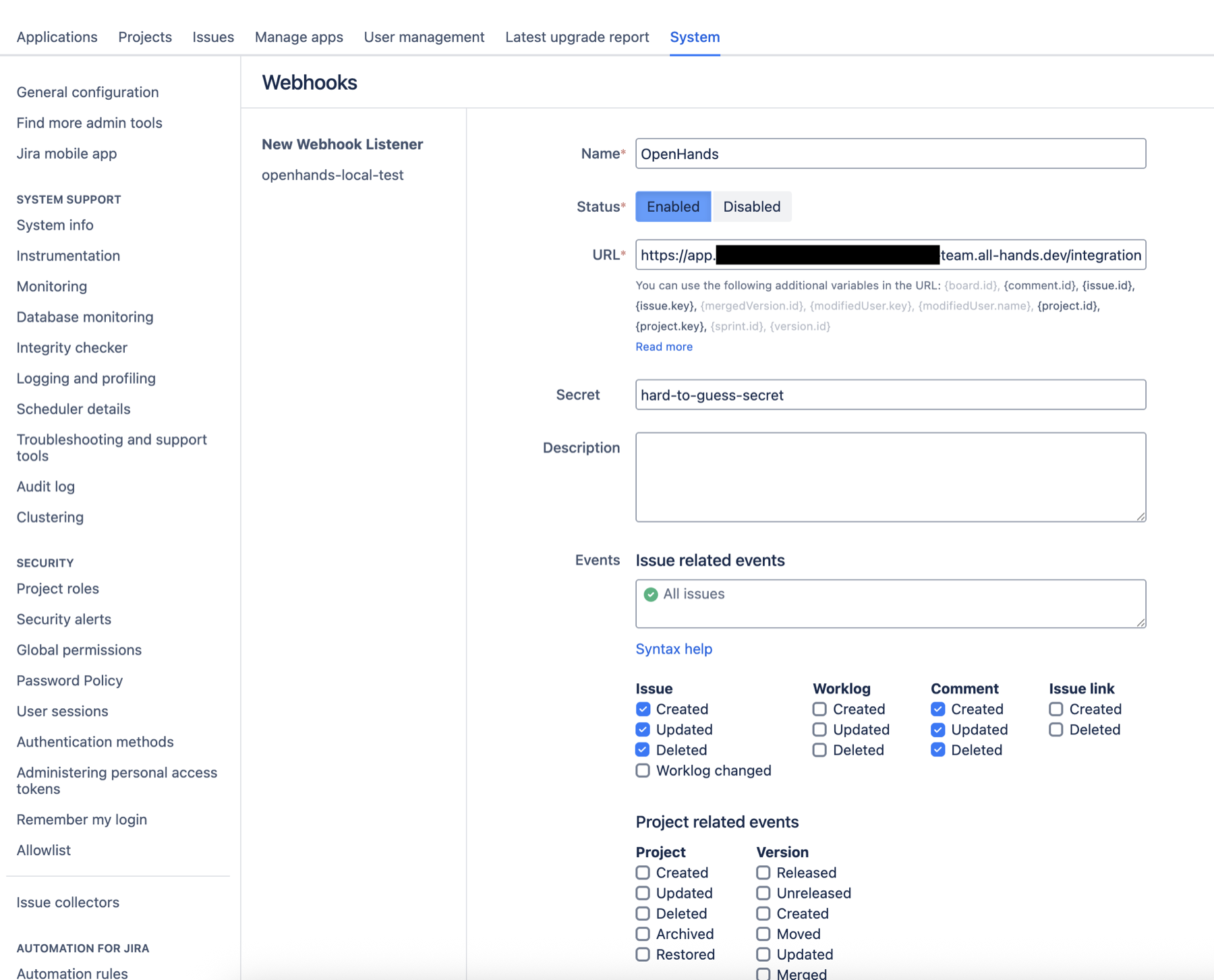 Jira Data Center manual webhook setup values