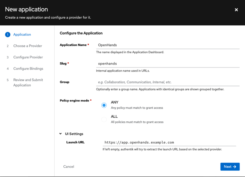 Authentik New application wizard, Application step