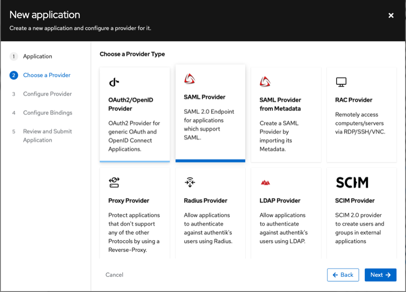 Authentik wizard, Choose a Provider Type step with SAML Provider selected