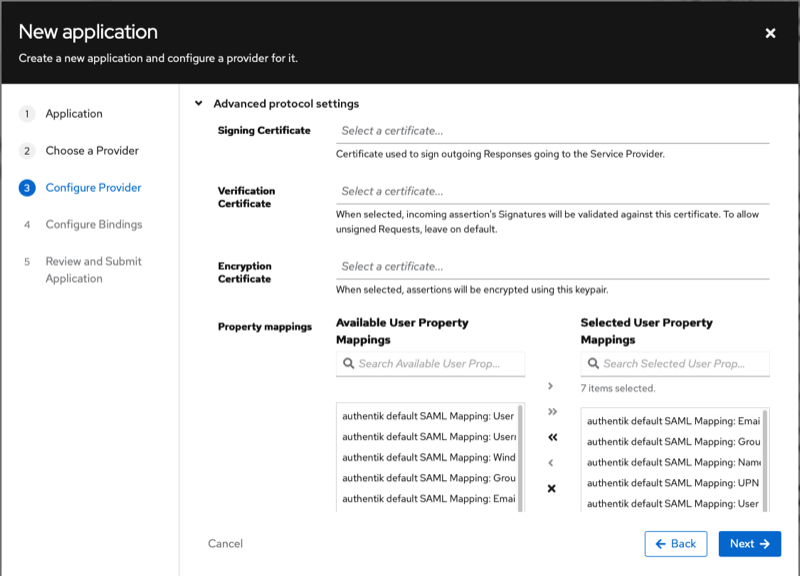 Authentik Advanced protocol settings, signing certificate and property mappings