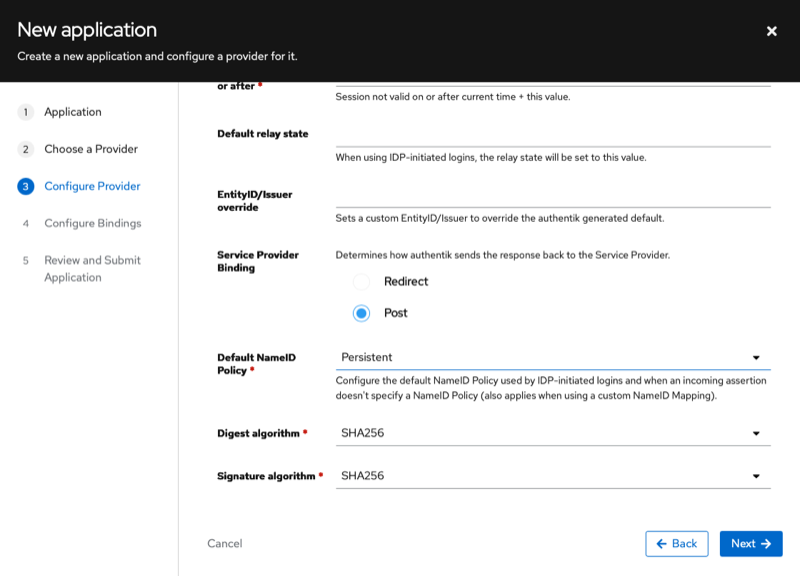Authentik Service Provider Binding set to Post and Default NameID Policy set to Persistent