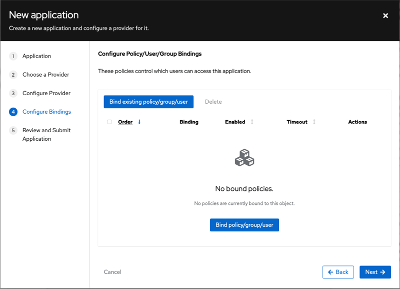 Authentik Configure Bindings step with no bound policies