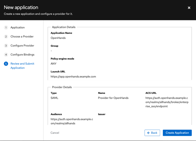 Authentik Review and Submit step showing application and provider details