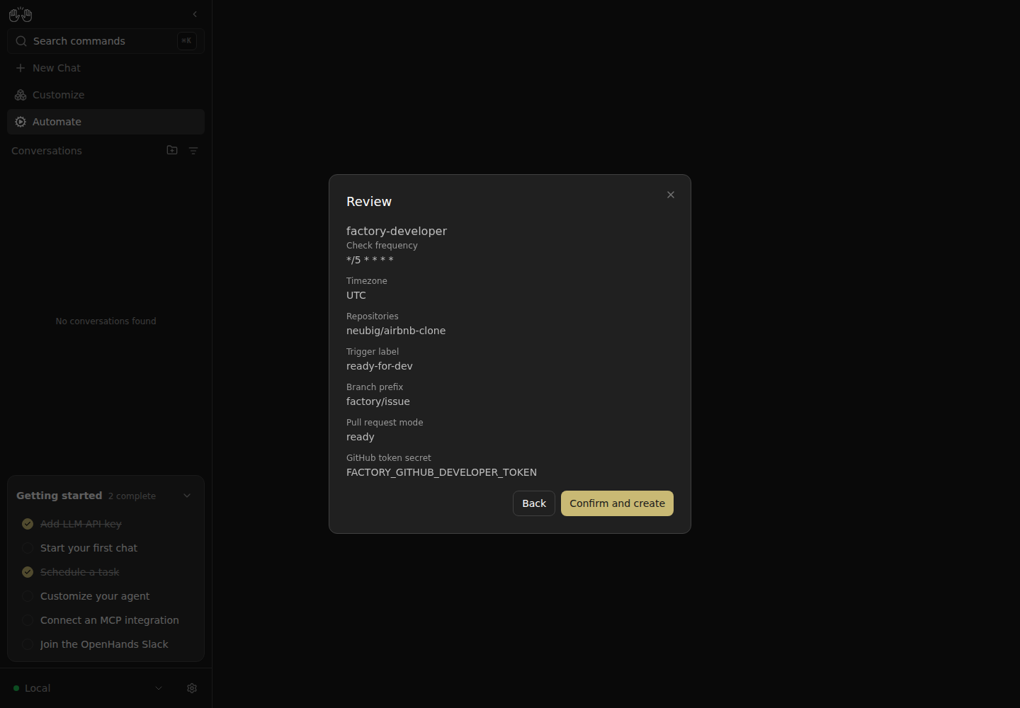Developer automation confirmation with the readiness label and branch prefix