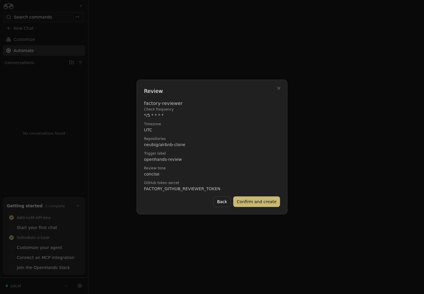 Reviewer setup with independent test commands entered on separate lines