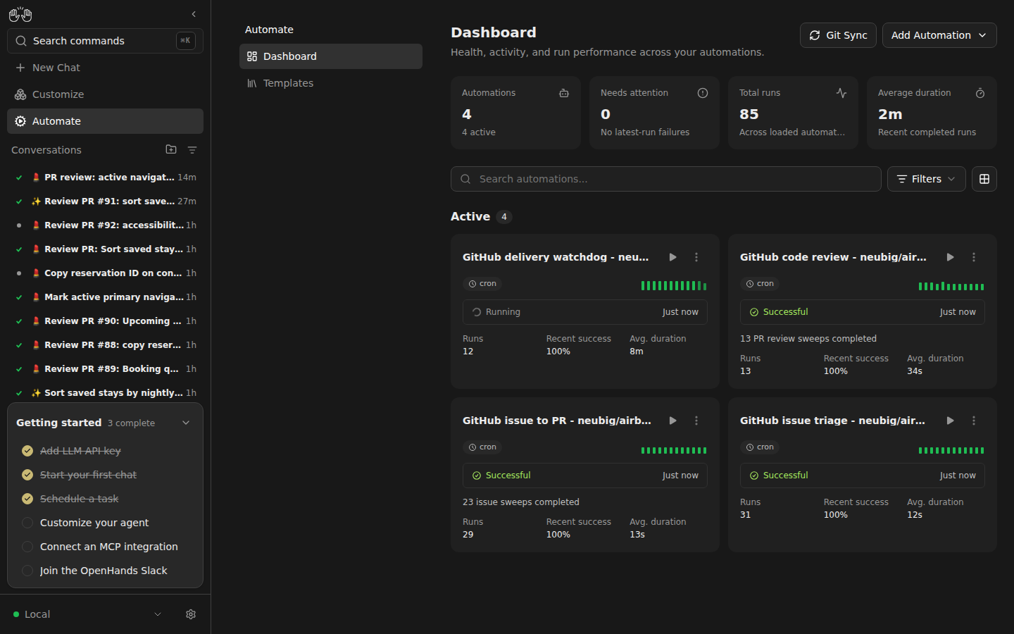 Canvas automation dashboard with all four automations active, no failures, and recent factory activity