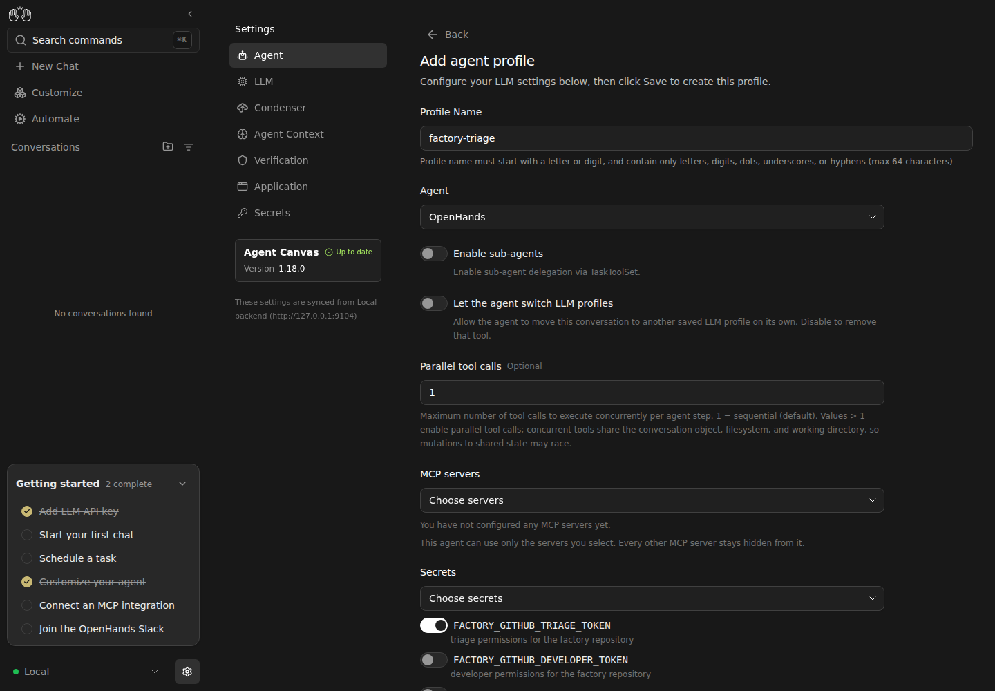 Triage profile with only the triage token selected