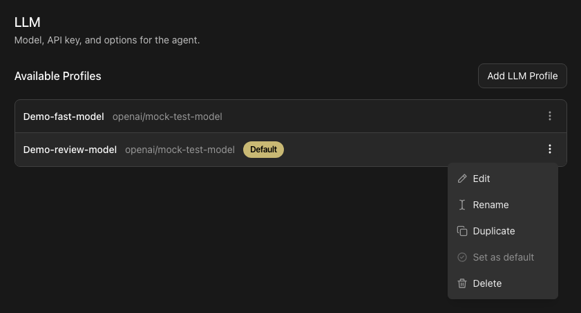 Agent Canvas LLM settings showing two synthetic saved profiles, one marked as the default, with its profile actions menu open.
