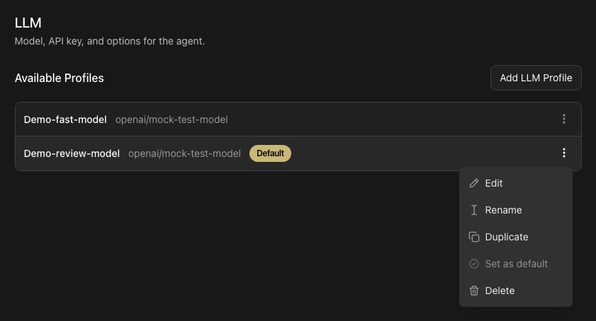 Agent Canvas LLM settings showing two synthetic saved profiles, one marked as the default, with its profile actions menu open.