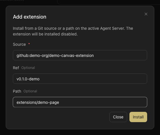 Agent Canvas Add extension dialog with synthetic source, ref, and repository path fields