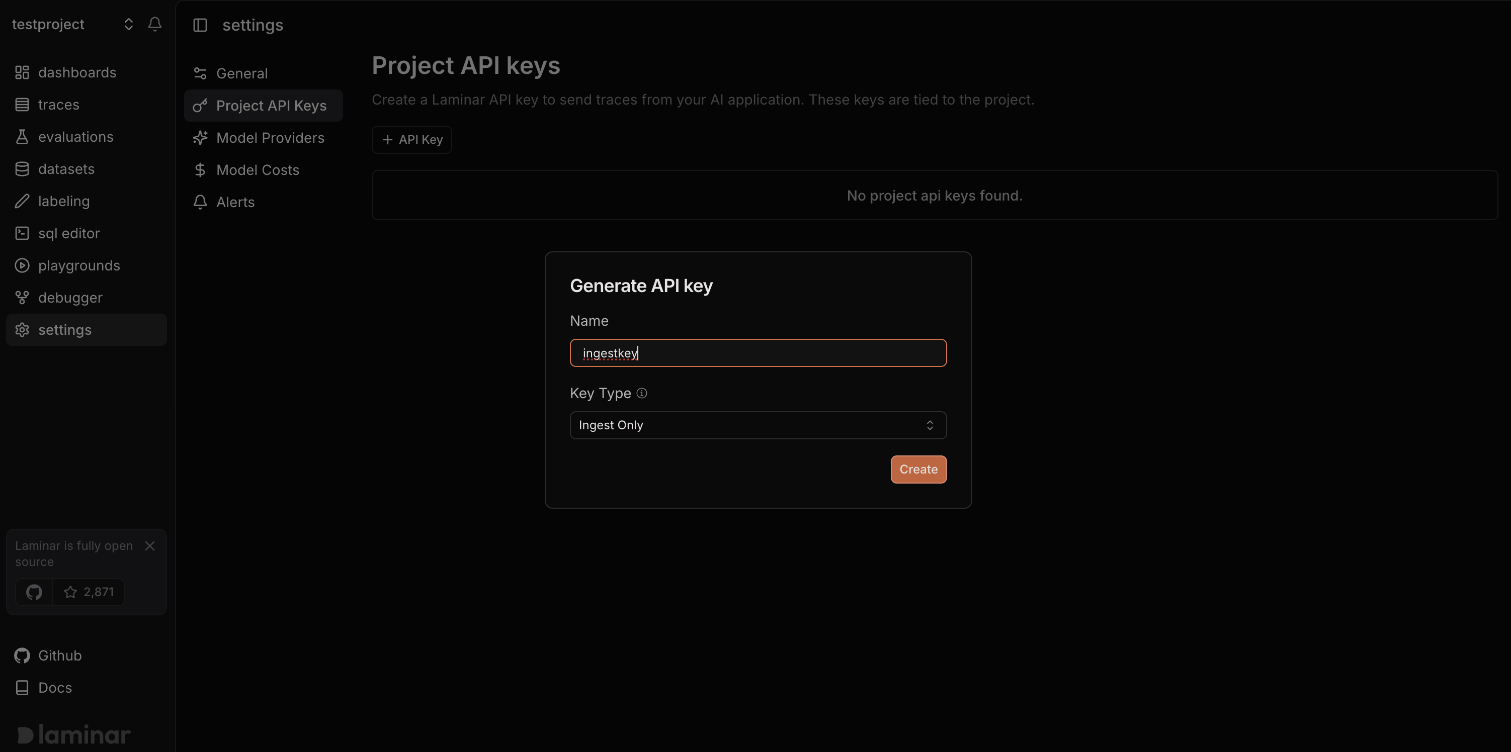 Configure Laminar Ingest Only Key
