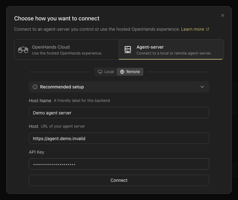 Agent Canvas Add Backend dialog on the Agent Server tab with synthetic display name, host URL, and masked API key fields.