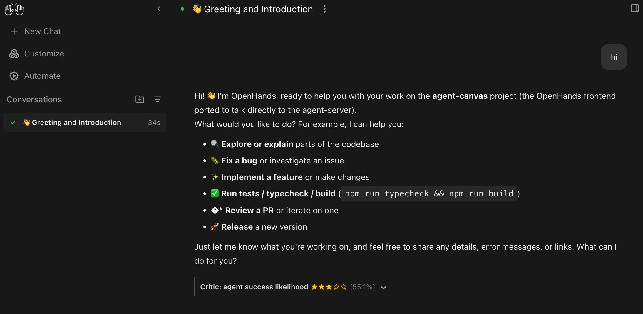 Agent Canvas conversation showing a critic success likelihood score below an agent message