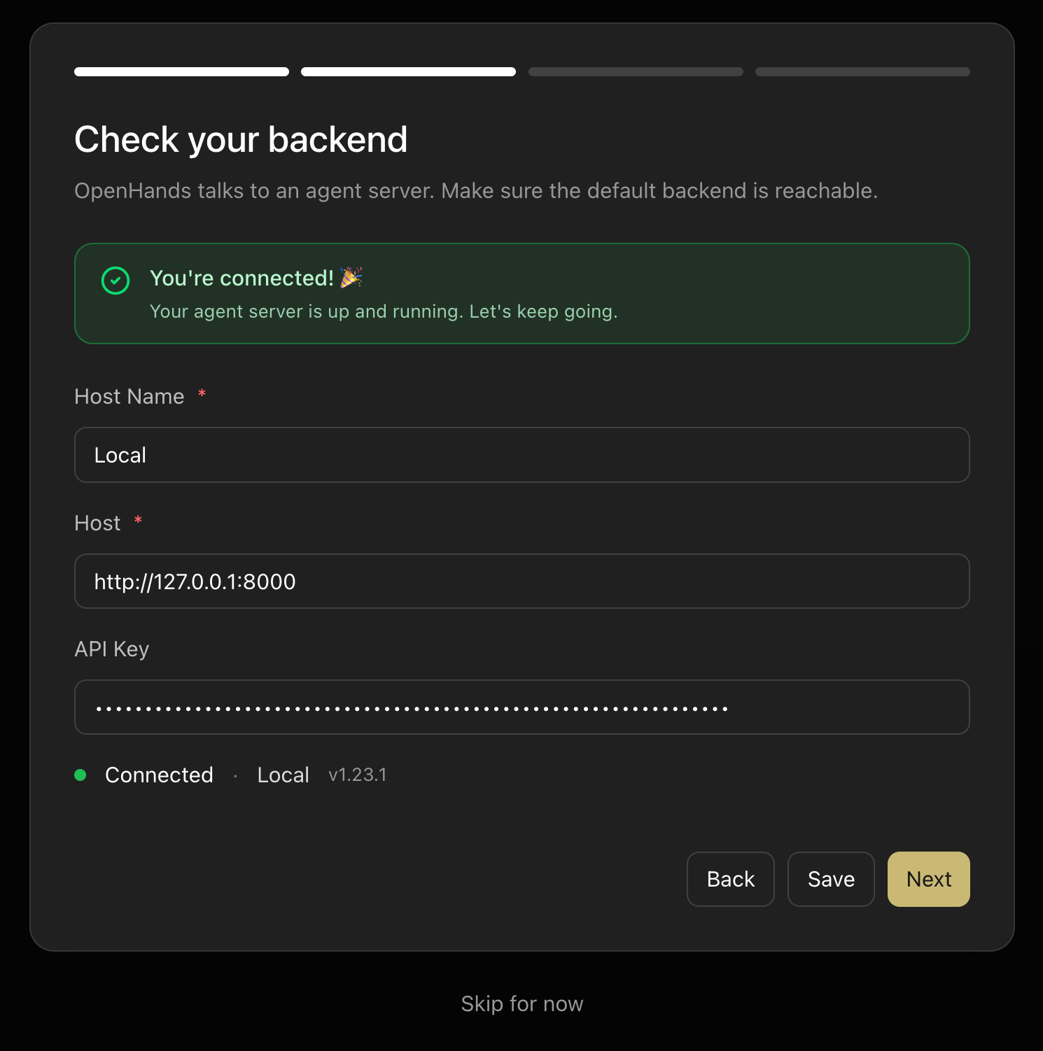 Agent Canvas first-time setup — Check your backend screen showing a connected local backend at 127.0.0.1:8000
