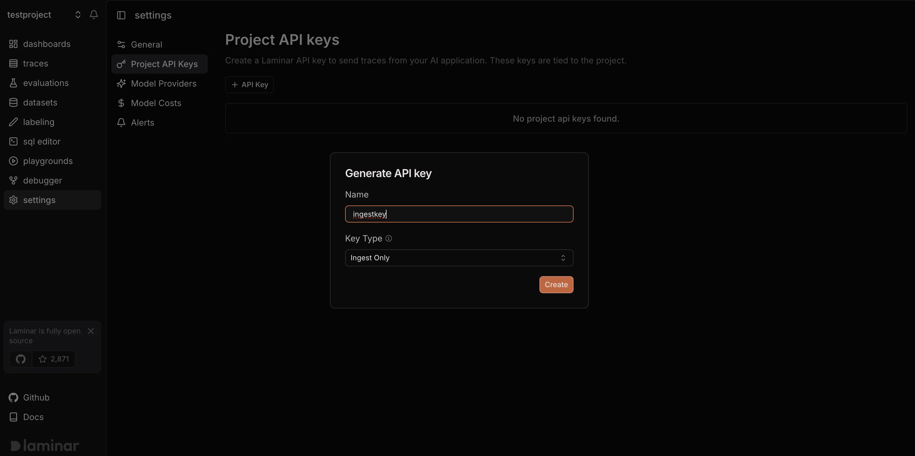 Configure Laminar Ingest Only Key