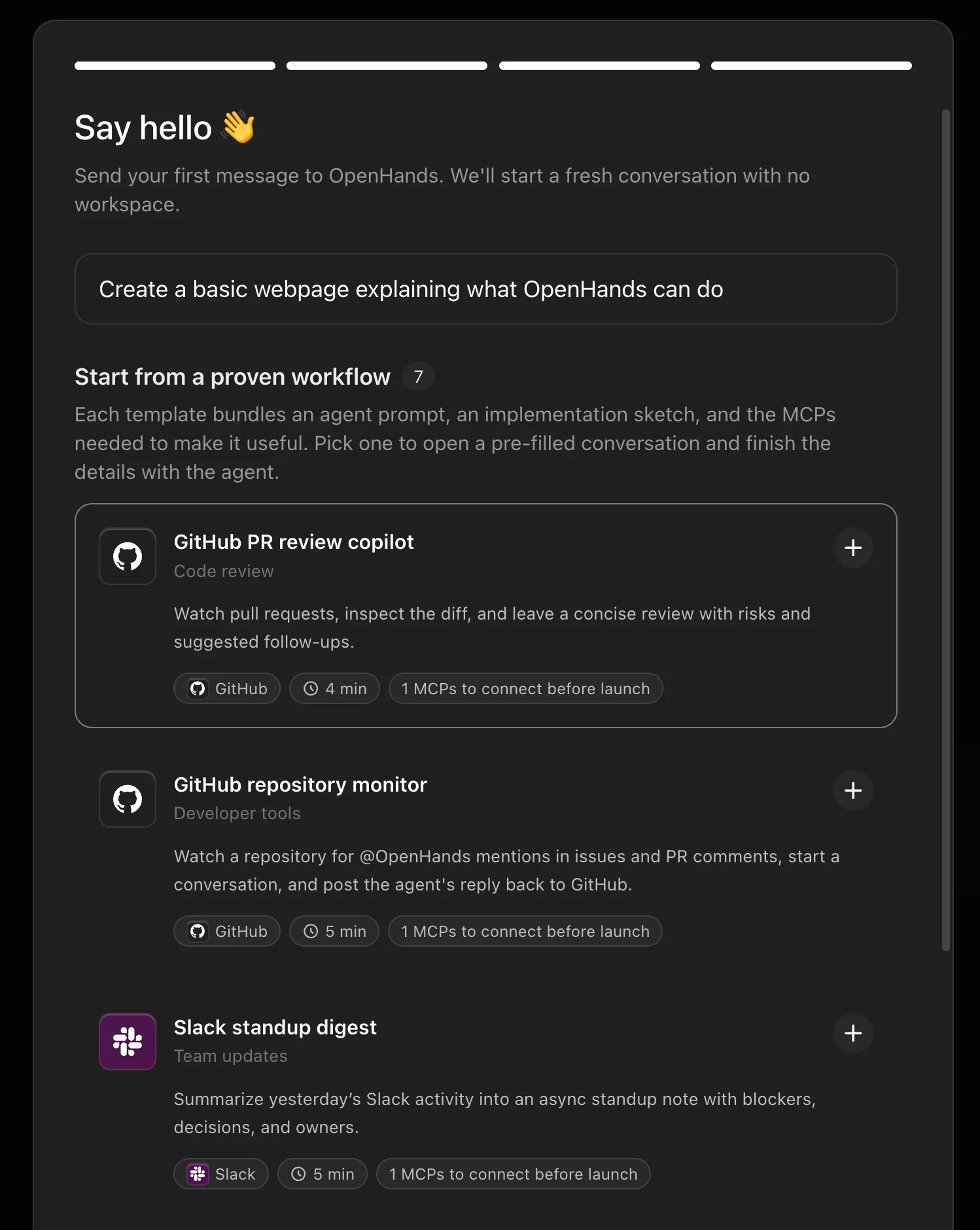 Agent Canvas first-time setup — Say hello screen showing pre-built workflow templates including GitHub PR review copilot, GitHub repository monitor, and Slack standup digest