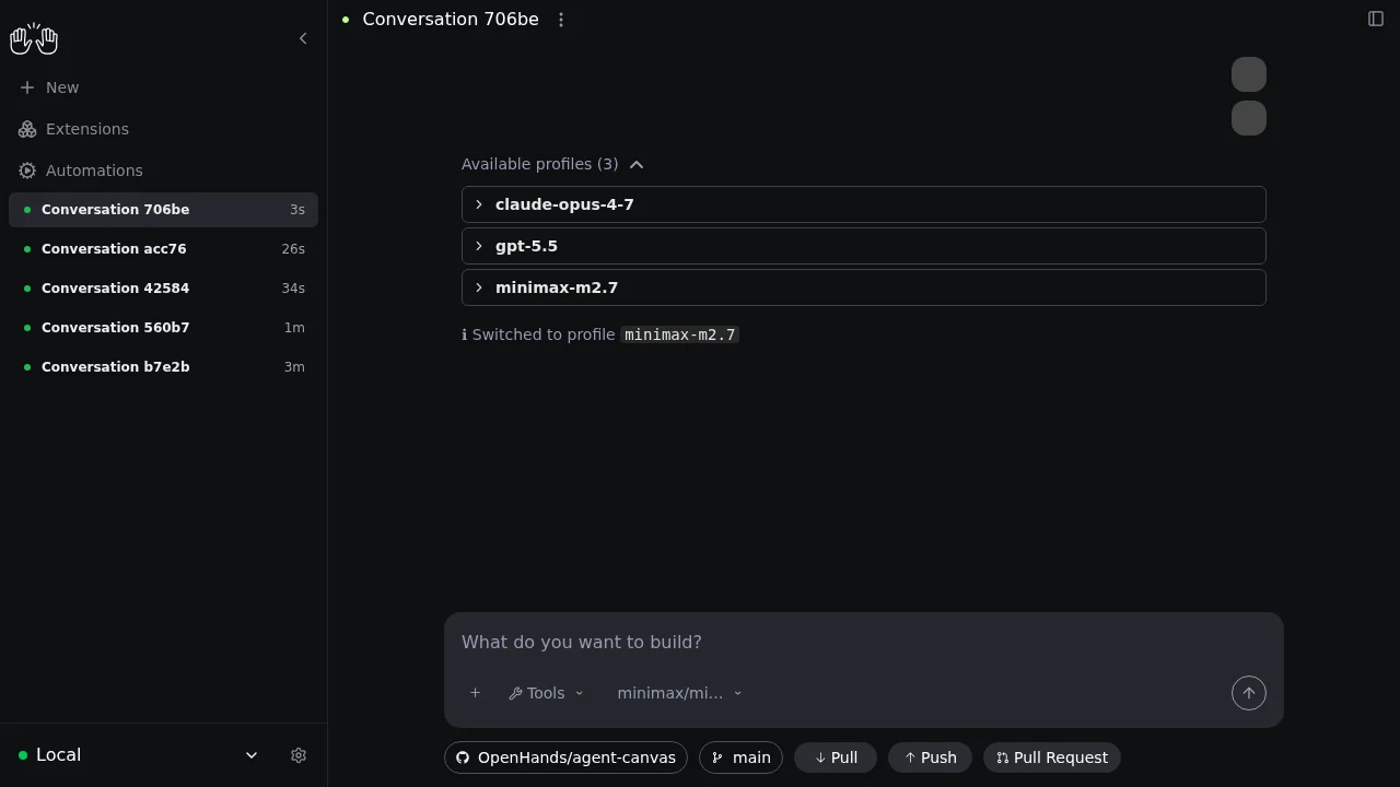 Agent Canvas showing example /model command output that lists saved profiles and switches to another profile