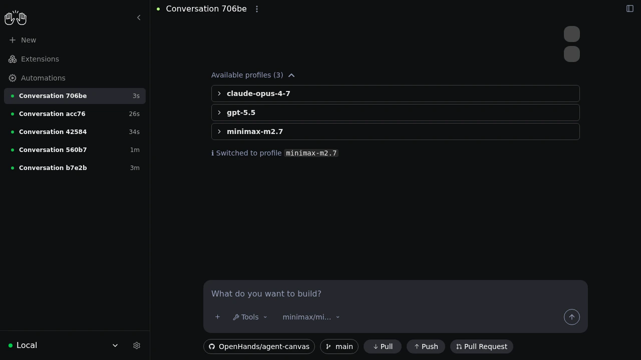 Agent Canvas showing example /model command output that lists saved profiles and switches to another profile