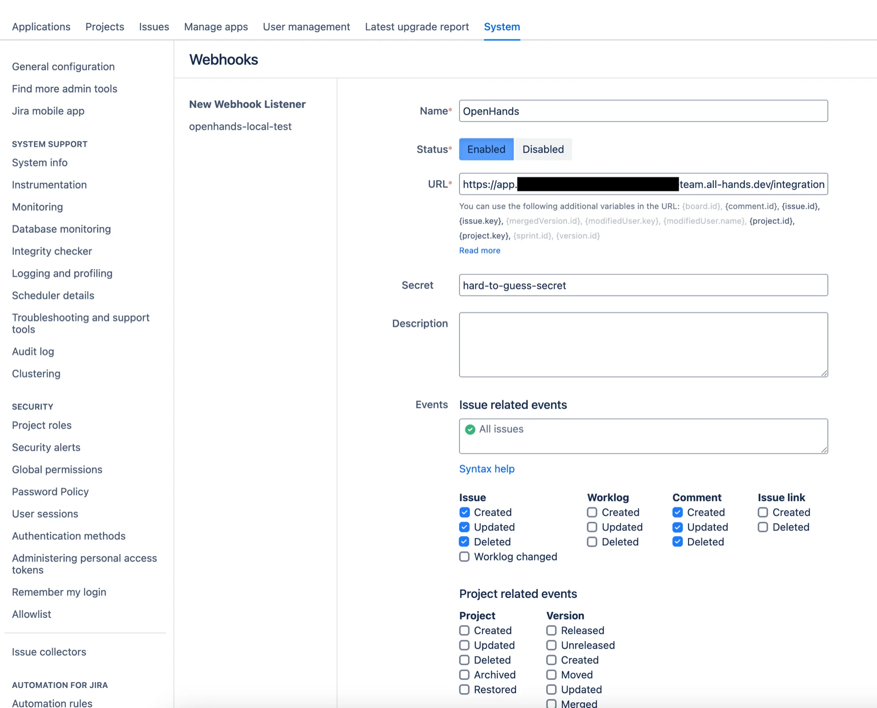 Jira Data Center manual webhook setup values