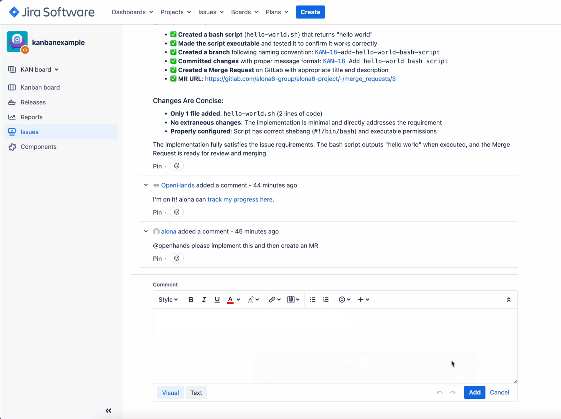 Jira Data Center issue with OpenHands comments