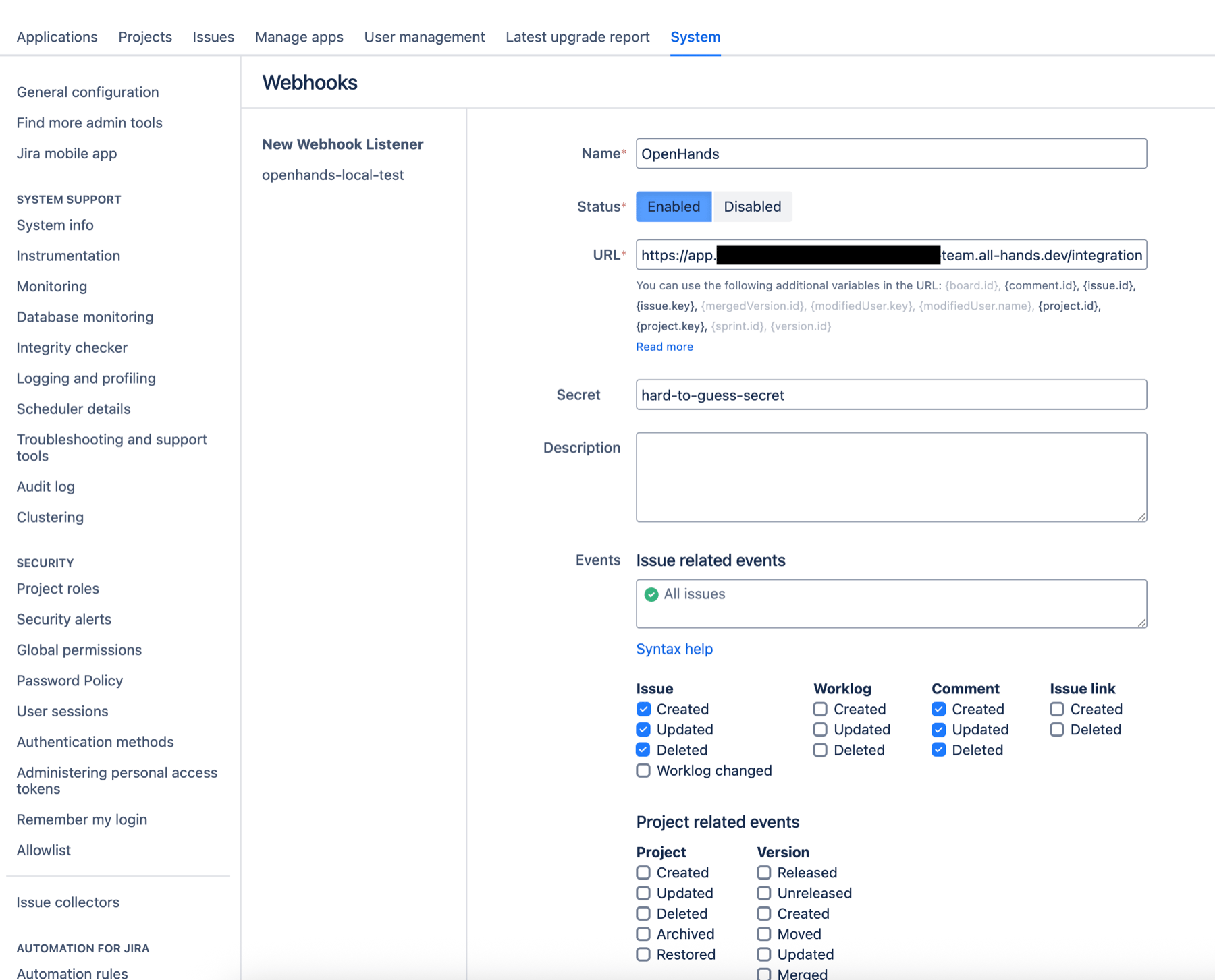 Jira Data Center manual webhook setup values