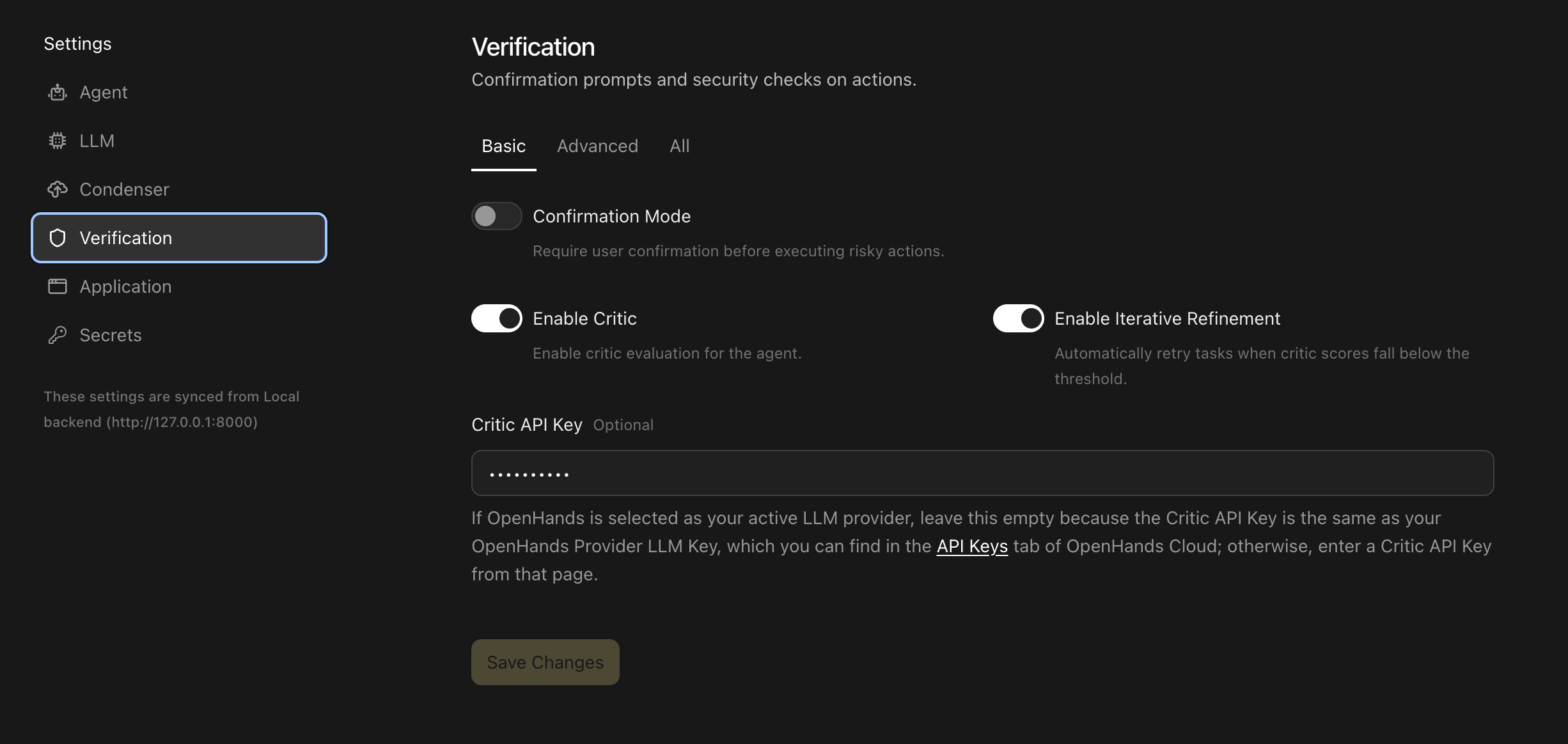 Agent Canvas Verification settings with Enable Critic, iterative refinement, critic threshold, and Critic API Key guidance
