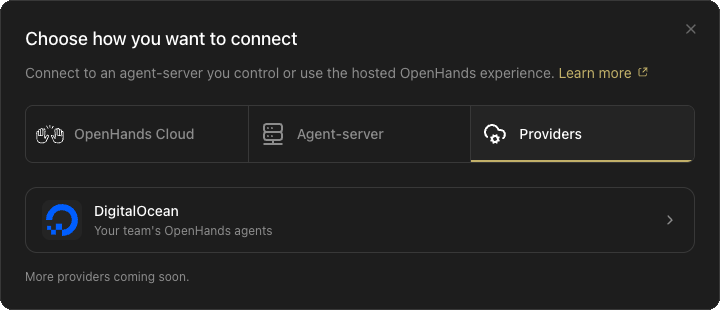 Agent Canvas Choose how you want to connect dialog with the Providers tab selected, showing the DigitalOcean provider and the note that more providers are coming soon.
