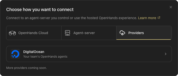 Agent Canvas Choose how you want to connect dialog with the Providers tab selected, showing the DigitalOcean provider and the note that more providers are coming soon.