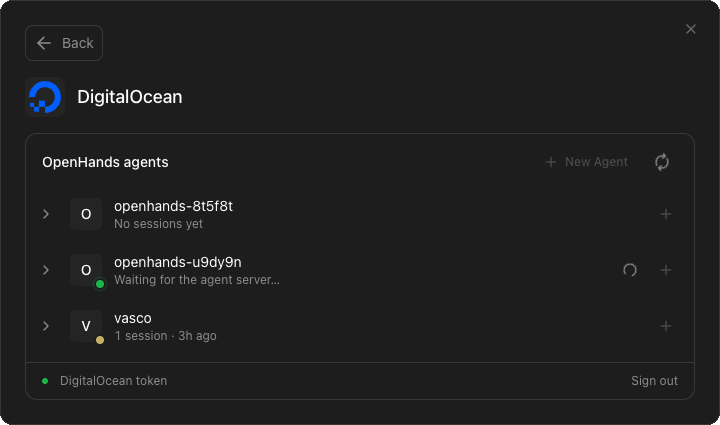 Agent Canvas DigitalOcean panel listing three OpenHands agents: one with no sessions yet, one waiting for the agent server, and one with a paused session. New Agent and refresh buttons sit above the list, and the footer shows the DigitalOcean token connection with Sign out.