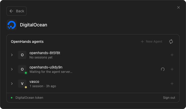 Agent Canvas DigitalOcean panel listing three OpenHands agents: one with no sessions yet, one waiting for the agent server, and one with a paused session. New Agent and refresh buttons sit above the list, and the footer shows the DigitalOcean token connection with Sign out.