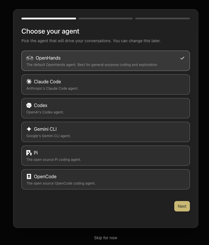 Agent Canvas first-time setup — Choose your agent screen showing OpenHands, Claude Code, Codex, Gemini CLI, Pi, and OpenCode options