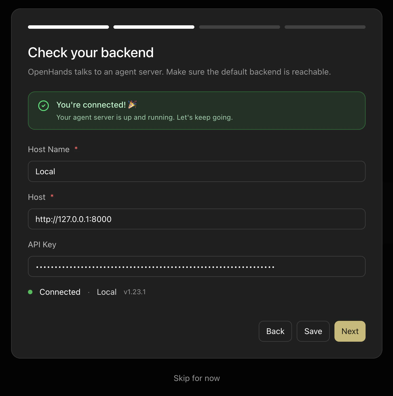 Agent Canvas first-time setup — Check your backend screen showing a connected local backend at 127.0.0.1:8000