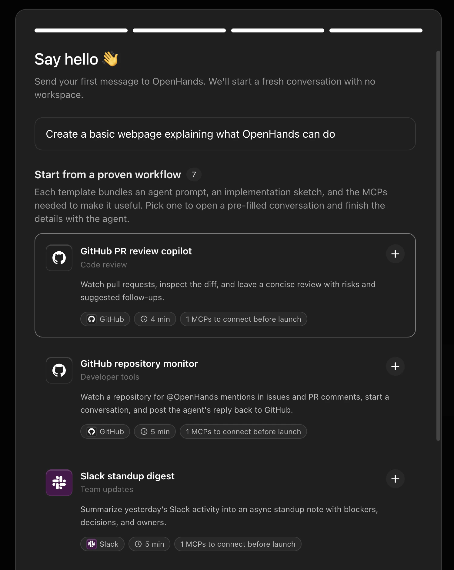 Agent Canvas first-time setup — Say hello screen showing pre-built workflow templates including GitHub PR review copilot, GitHub repository monitor, and Slack standup digest