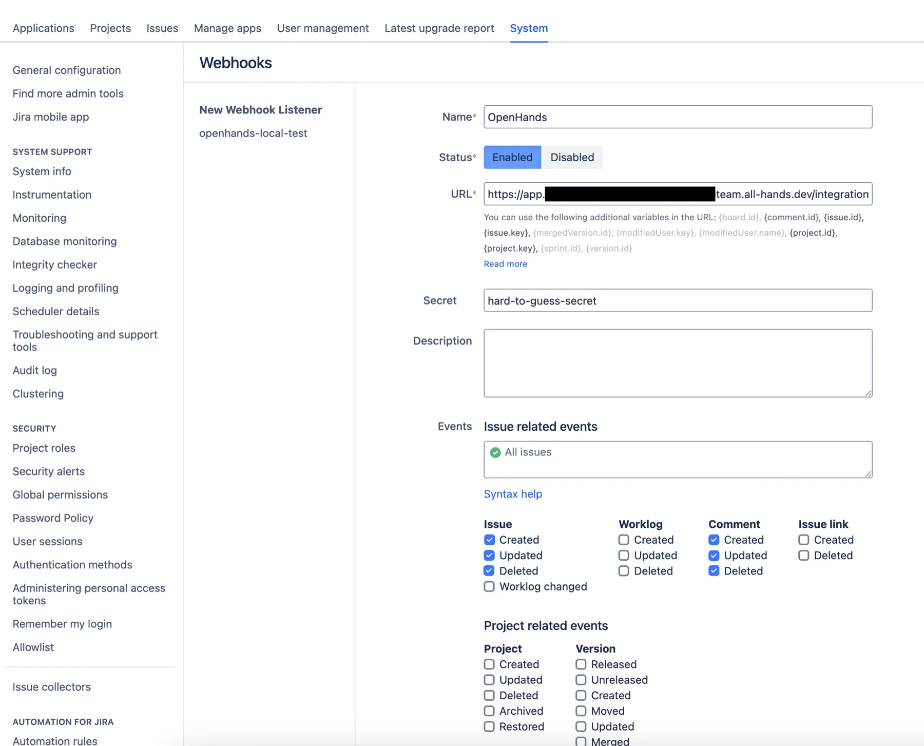 Jira Data Center manual webhook setup values