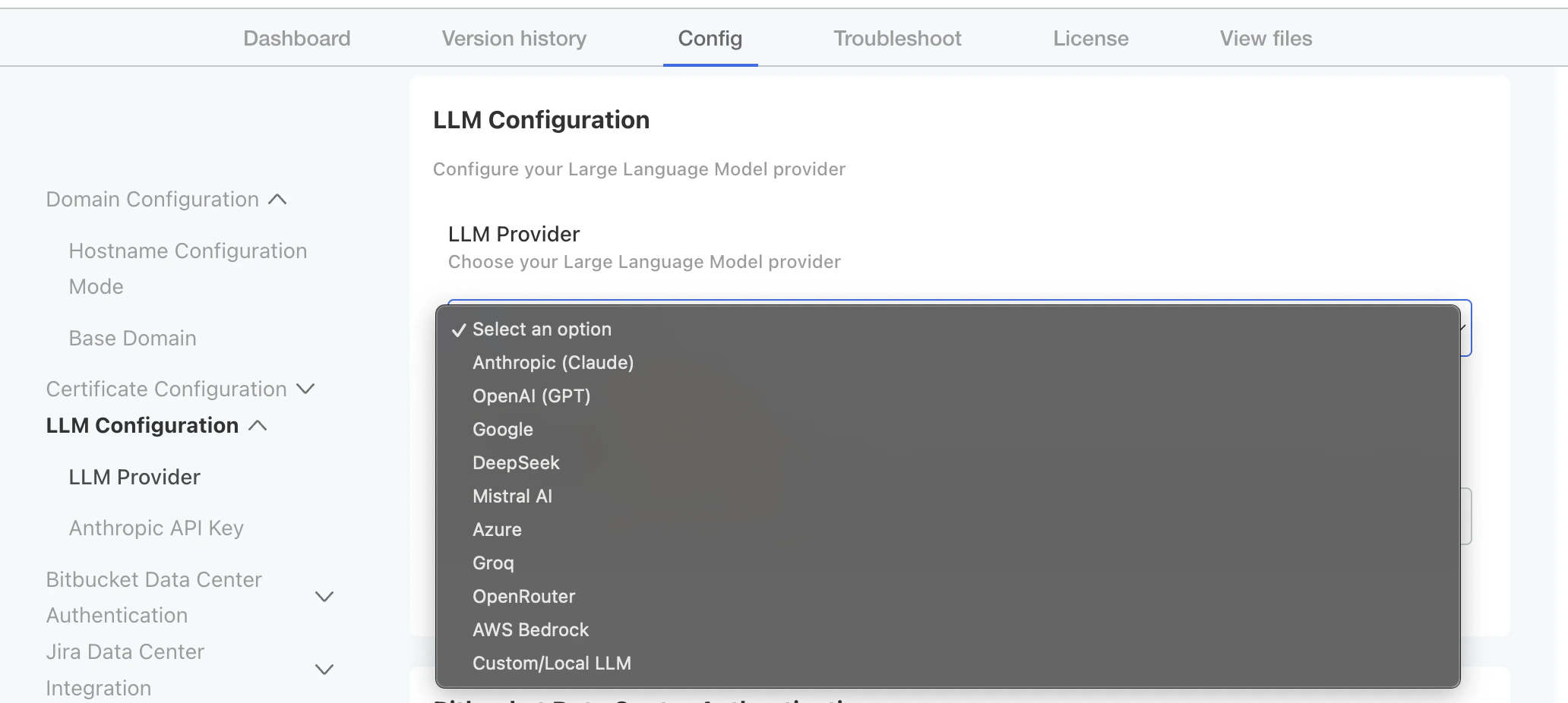 LLM Configuration provider dropdown