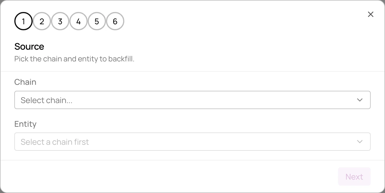 Start Job dialog on its first step, picking the chain and entity to backfill