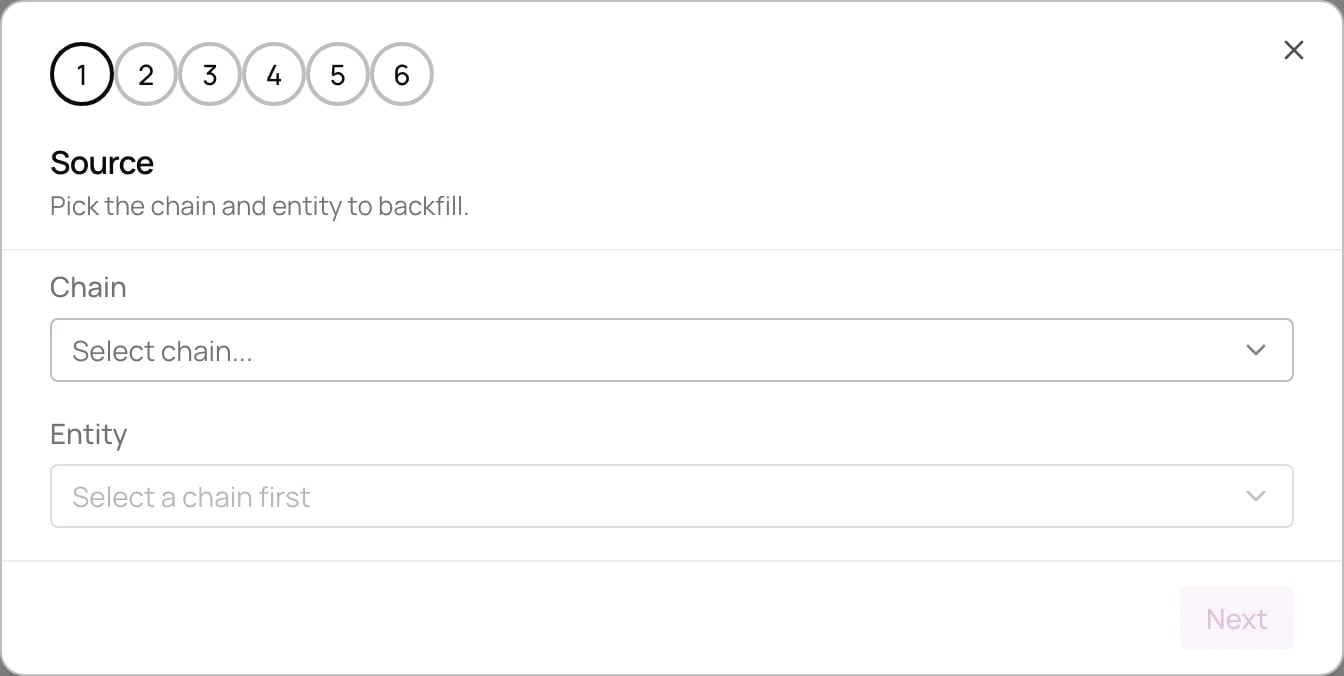 Start Job dialog on its first step, picking the chain and entity to backfill