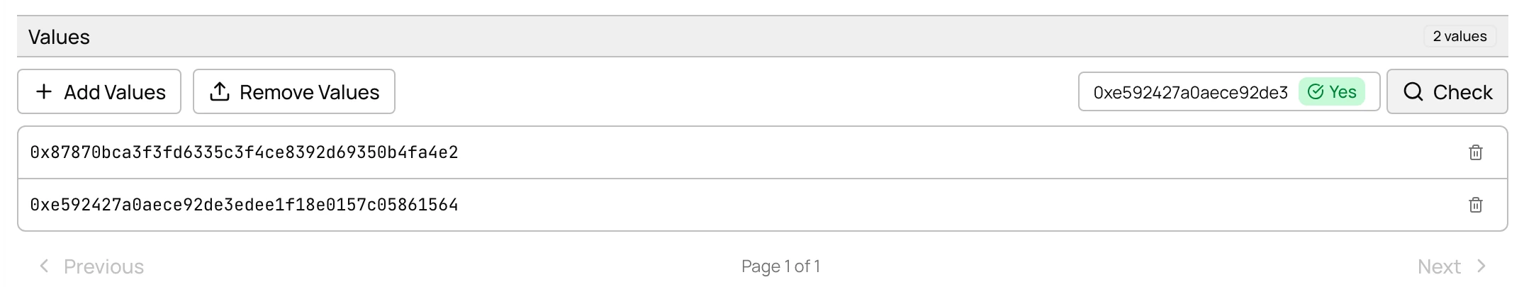 A dataset with two contract addresses and a membership check
