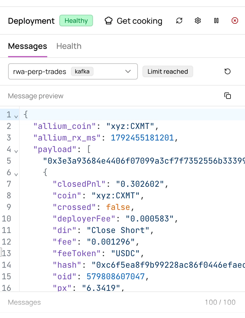 Deployment messages preview for a healthy pipeline's Kafka sink