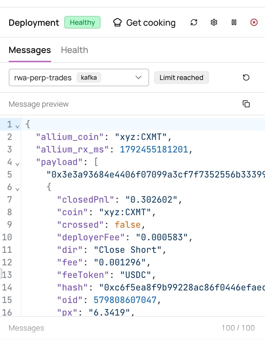 Deployment messages preview for a healthy pipeline's Kafka sink