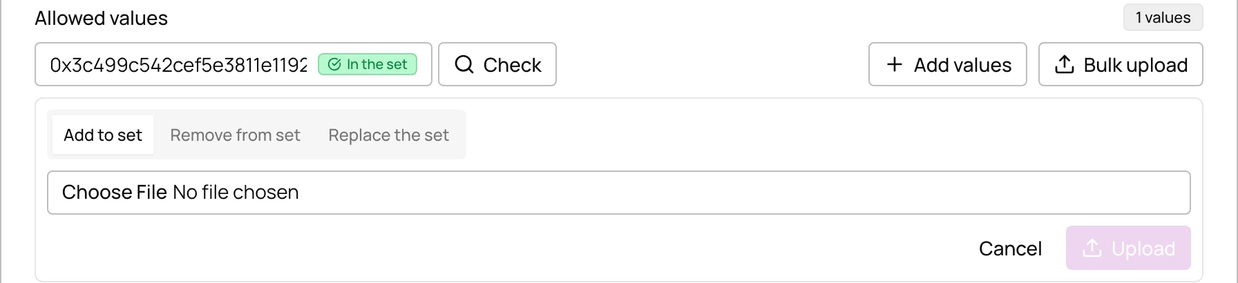 Bulk upload with add to set, remove from set and replace the set modes