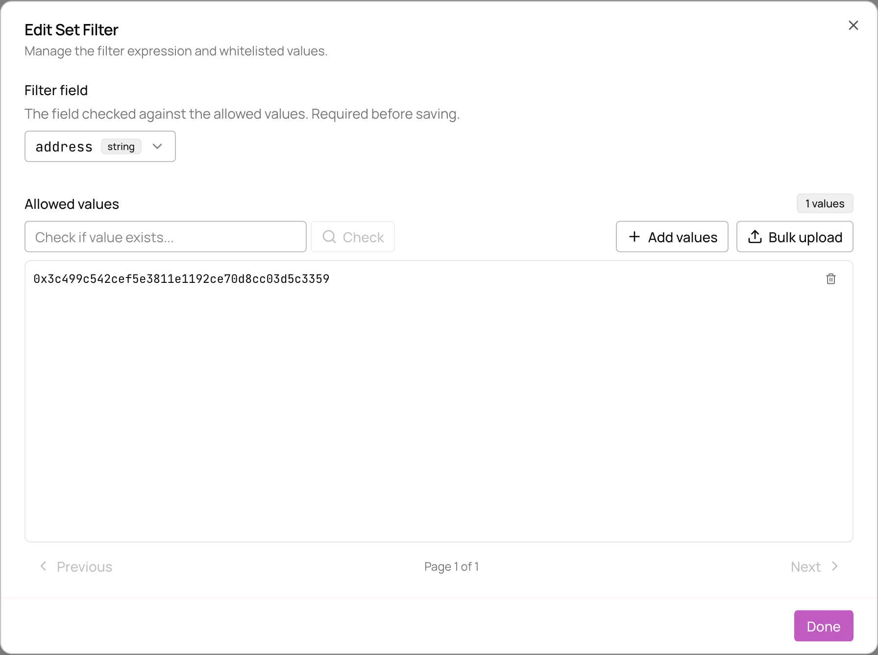 Set filter editor with address as the filter field and the USDC contract as its one allowed value