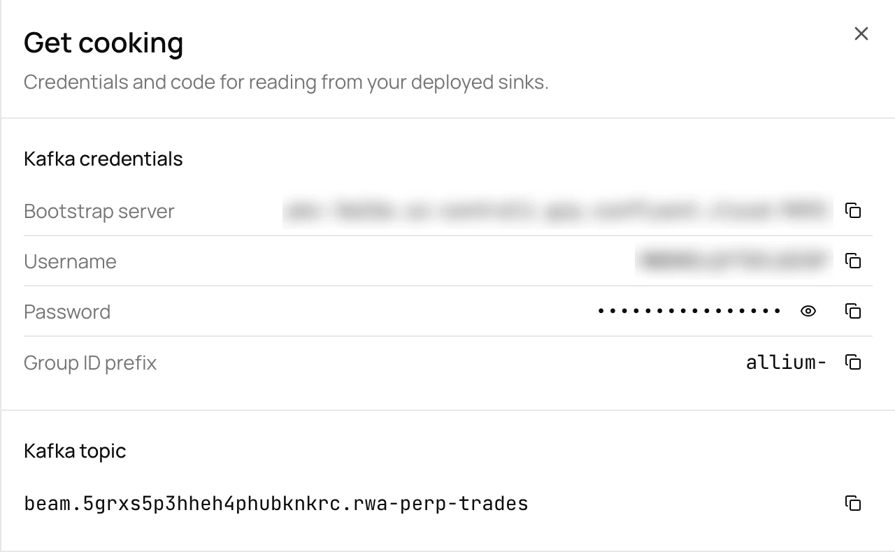 Get cooking panel with Kafka credentials and the pipeline's topic